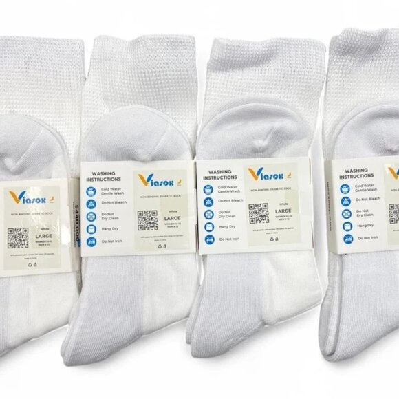 4 Pair Viasox Diabetic White Stretch Crew Socks Men's 9-12 Women's 10-13 Large L - Picture 2 of 3